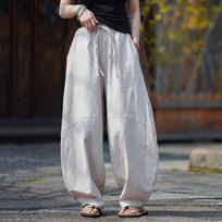Women Black Linen Drawstring Waist Baggy Wide Leg Pants M smėlis