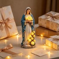 Resin Mary Statue 1Pcs with LED Lighted Yellow Roses Hand Painted Figurine for Small Altar Home Religious Setup A