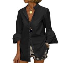 Women Casual Shirt Stand Collar V-neck 3/4 Flared Sleeve Shirt Solid Color Single Breasted Mid-length Tops L