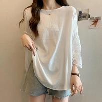 Extra Large Size Lazy Style Loose Lace Splicing Slimming and Flesh-covering Mid-length Casual Short-sleeved M