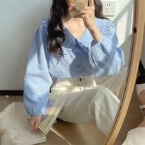 Women's Yellow Milk Long-Sleeve Shirt, French Retro Doll Collar, Chic Spring/Autumn Design, Sweet and Niche Style. Extra Large
