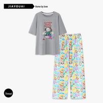 Womens Ice Silk Ribbed Pajama Set: Short-Sleeved Top with Built-in Bra & Printed Long Pants, Suitable for Outdoor Wear XL