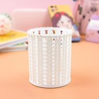 Creative Cartoon Rattan-Style Pen Holder: Cute Round Plastic Pencil Case for Students and Office Desk Storage.