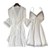 Nightgown And Robe Sets for Women Lace Trim Mini Sleepdress And 3/4 Sleeve Bathrobe 2 Piece Pajamas Set Sexy Chemise Bride Sleepwear M