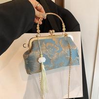 Chinese Style Embroidered Clutch Bag Silk Women's Fashion Shoulder Crossbody Bag with Shell Lock Chain