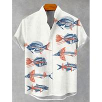 Men's Summer Casual Art Fish Pattern Printed Linen Short Sleeved Shirt, Comfortable And Fashionable Button Up Men's Top S