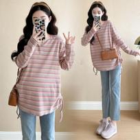 Maternity shirt autumn new maternity long-sleeved T-shirt large size loose stripes fashion thin top M