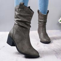 Balti kaubojiški batai moterims, 2024 m. rudens žiema, stambūs aukštakulniai, klostuoti kulkšnies batai, moteriški vintažiniai smailianosiai Western Cowgirl Botas 36 pilka
