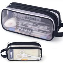 Large Mesh Pencil Case Double Layer Transparent Pencil Pouch, Handheld Multifunctional Cosmetic Bag, Suitable for School Office