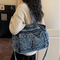 Washed Denim Multi-pocket Tote Bag Women's Shoulder Bag