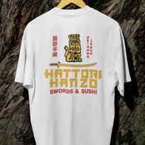 Hattori Hanzo Swords & Sushi T-Shirt Samurai Japanese Graphic Unisex Back Print S gray