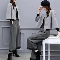 Two Piece Overpants Woolen Short Coat Wide Leg Pants Casual Fashionable Set Women Women's Autumn Winter XXS gray