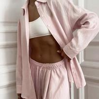 Lazy French Style Loose Pink Set 100% Cotton Casual Shirt Long Sleeve Top Long Pants S