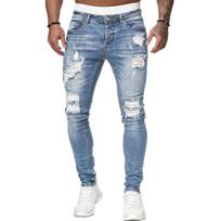 Men Jeans Ripped Washed Solid Color Button Zip Fly Streetwear Hip Hop Skinny
