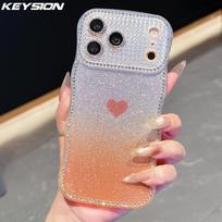 KEYSION Gradient Love Heart Wavy Phone Case for iPhone 16 17 Pro Max Air 16 Plus Glitter Jewelled Lens Protector Shockproof Cover for iPhone 17