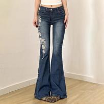 STREETRICH Women Retro Y2k Jeans Baggy Floral Embroidery Jeans Vintage 2000s Low Rise Flared Denim Pants High Street Basic Trousers S mėlyna