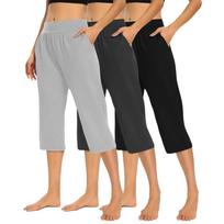 3 Pack Women Elastic High Waist 3/4 Pant Casual Fit Wide Capris Leg Pants Trousers With Pockets M