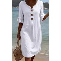 Europe, America, spring and summer cotton and linen V-neck large button lotus leaf sleeve design dress women S