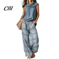 Relaxed Fit Drawstring Pants Women Top 2-Piece Set, Summer Ruffle Mock Neck Sleeveless Lightweight Outfits & Plaid Wide Leg Pants, Vintage Loose S