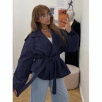 Solid Laepl Lace Up Trench Coat Women Fashion Full Sleeve Waist Cinching Short Windbreak Autumn Office Commute Outwear XS tamsiai mėlyna spalva