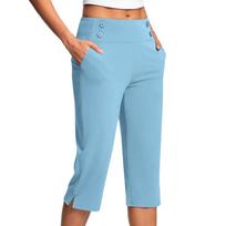 Women's Fashionable Solid Color Button Pocket Pants With Split Hems High Waist Sports Yoga Casual Cropped Pants S