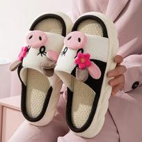 Women Cute Cartoon Cow Linen Slippers Spring Anti-slip Slides Couples Home Non-slip Flip Flops Casual Slip on Platform Slippers 36-37