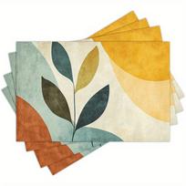4pcs Abstract Leaf Placemats – Modern Art Design in Orange, Green & Blue, Machine Washable Polyester for Dining & Home Decor 30x45cm-4PC
