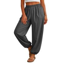 Women Loose Fit Elastic Waist Wide Leg Pants Casual Baggy Drawstring Trousers Lightweight Breathable Fabric Pockets M
