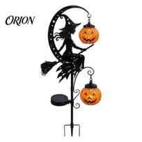 Witch Pumpkin Garden Stakes Solar Powered Halloween Ground Stake Light, Metal Broom Moon Yard for Fall Festival Statue Outdoor Sculpture Decor 1