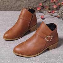 Roman Retro Short Boots Women 2025 Spring Autumn Shoes Casual Round Head Thick Low Heels Brown Side Zipper Ankle Boots for Women 36