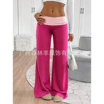 Spot 2025 Summer New European American Pants Women's Low-waist Color-blocked Casual Sports Wide-leg Pants S