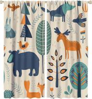 Cartoon Safari Animal Curtains Cute Watercolor Wildlife Jungle Window Treatments For Kids Boys Girls Bedroom Living Room 53x116CM-2PC