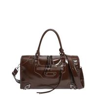 Glossy Faux Leather Duffel Bag Women's Fashion Shoulder Tote with Front Zip Pocket and Adjustable Strap kava