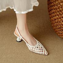 French pointed hollow woven thick heel empty single shoes with shallow mouth elegant temperament high heels fashion sandals 34