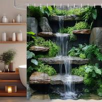 Waterfall Garden Shower Curtain Nature Art Bathroom Decor Rock Stream Green Plants Bath Curtains Modern Home Interior W90xH180cm