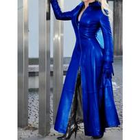 Women's Slim-Fit Zipper Split Large Coat Autumn Winter Faux Leather Trench Coat Women's Long Sleeve Stand Collar PU Trench Coat XS