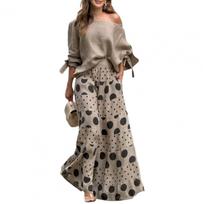 Two Pieces/Set Ladies T-shirt Pants Set Slant Neck One Shoulder Long Sleeve Bow Cuff Top Loose Fit High-Waisted Wide Leg Printed Long XL