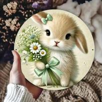 Metal Poster Wall Art Cute Rabbit Chrysanthemum Waterproof Rustproof Bedroom Decor