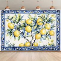 2D Mediterranean Lemon Art Backdrop Blue Tile Pattern Studio Photography Background 47.2x31.5inch/120*80cm