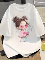 100% Cartoon Cute Little Printed Short Sleeve Round Neck T-Shirt Women'S Summer New Loose Chic Top S