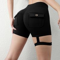 Womens High Waist Stretchy Pocket Shorts with Button Flap and Strap for Casual and Active Wear L