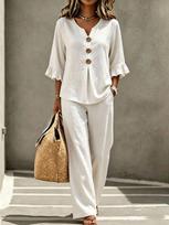 Women's Casual V-neck Ruffle Top & Pants Set with Seven-Sleeve Design