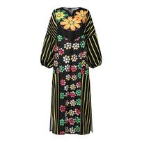 Oversized Women Casual Long Sleeve Floral Print Striped Loose Long Dress Kaftan Robes L