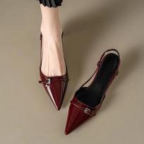 2026 New Summer French Wine Red Pointed Patent Leather Mid-heel Overhead Sandals for Women Retro Skinny Heel Slingback Pumps 35