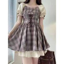 French Retro Sweet Plaid Dress Women Casual Puff Sleeve Dress Female One Piece Dress Korean Even Party Summer Chic M