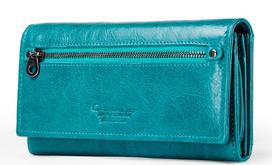 Genuine Leather Wallet RFID Protection Multifunctional Slim Zipper Clutch Wallet Teal Blue [CONTACTS] Women's Bi-fold
