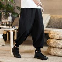 Plus Size Chinese-Style Wide-Leg Linen Pants - Nine-Point Loose Cuffed Harem Bloomers 2XL (150-170 jin)