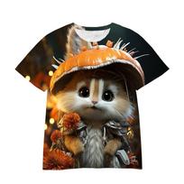 Round Neck 3D Cute Animals Printed Casual Short Sleeved Children's Girl T-shirts - Soft Medium Stretch Polyester Fabric Summer Relaxed Fit Clothing 110