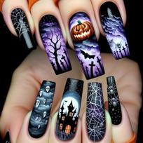 Long Purple Halloween Ghostly Pumpkin False Nail With Spiders Web Design For Party Festive Nail Art Lightweight Fake Nail 1