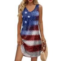 Women's Summer Casual Sun Skirt With Pocket V-Neck Independence Day Printed Loose Vest Dress S